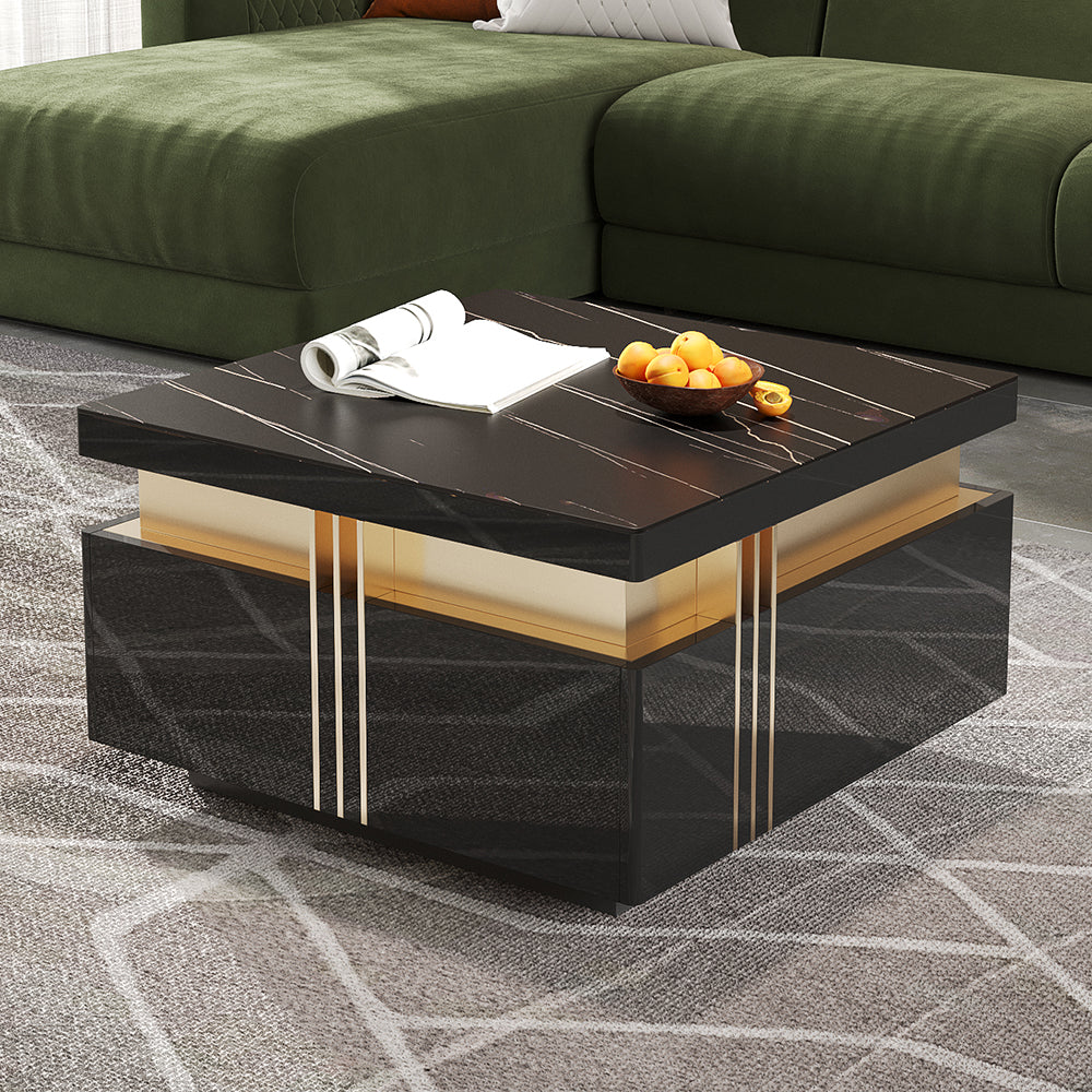 Trimied 700mm Modern Black Square Storage Coffee Table Stone Top & 4 Wood Drawers