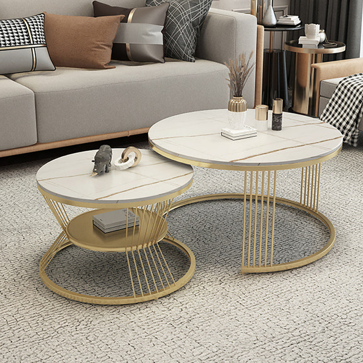 Round 2-Piece Nesting Set Sintered Stone Top White Coffee Table with Metal Frame