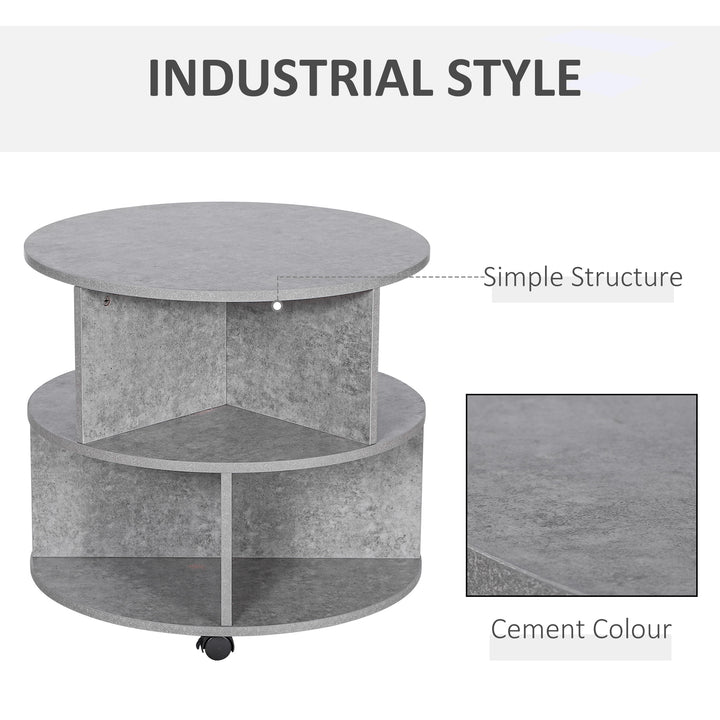 2 Tier Round Side End Table Coffee Desk with Divided Shelves Tea Table Storage Unit Living Room Organiser with Wheels - Cement colour