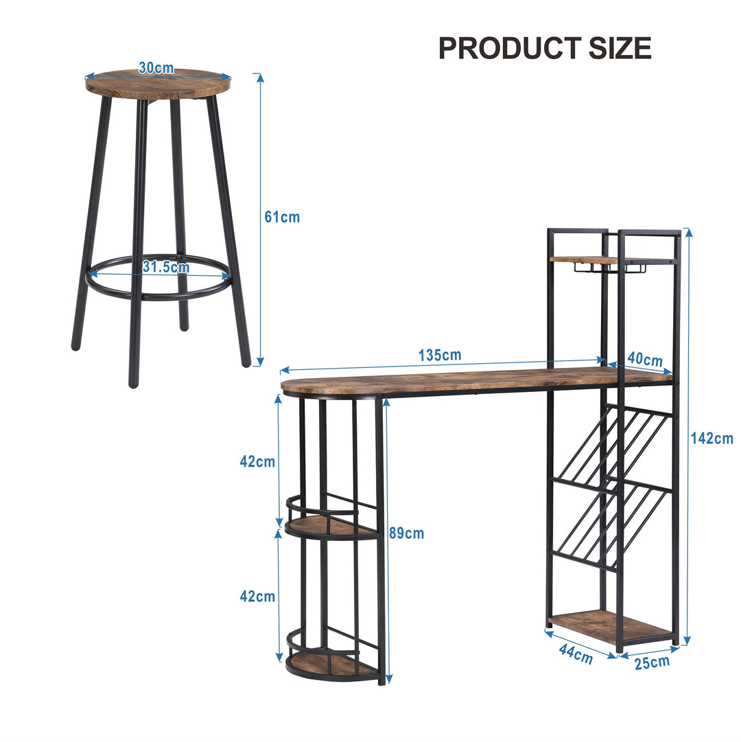 3 Piece Industrial Bar Table Set with Wine Rack and Side Storage