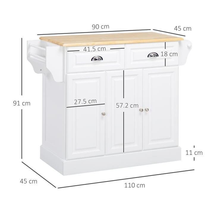 Kitchen Island with Storage Rolling Kitchen Serving Cart with Rubber Wood Top Towel Rack Storage Drawer Cabinet White