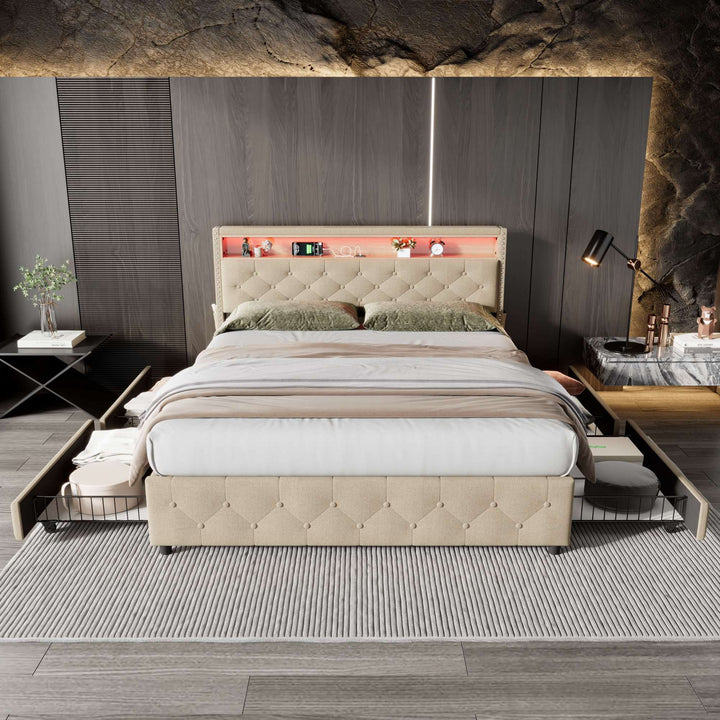 Double Linen Upholstered Bed with LED Lights and Four Storage Drawers