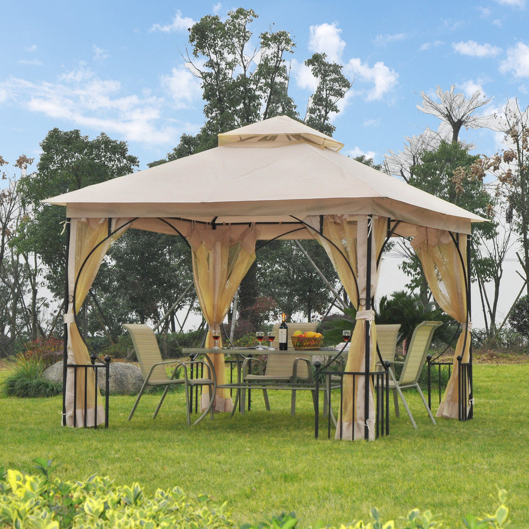 Waterproof 3 x 3 M Garden Gazebo Patio Party Tent Shelter Outdoor Canopy Double Tier Sun Shade Metal Frame Beige