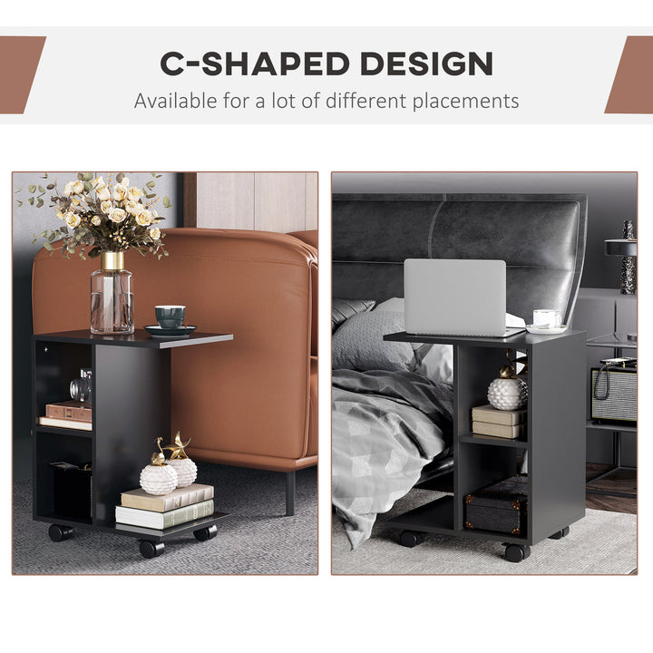 C-Shape End Table Unique Storage Unit w/ 2 Shelves 4 Wheels Freestanding Home Office Furniture Cabinet Square Studio Black