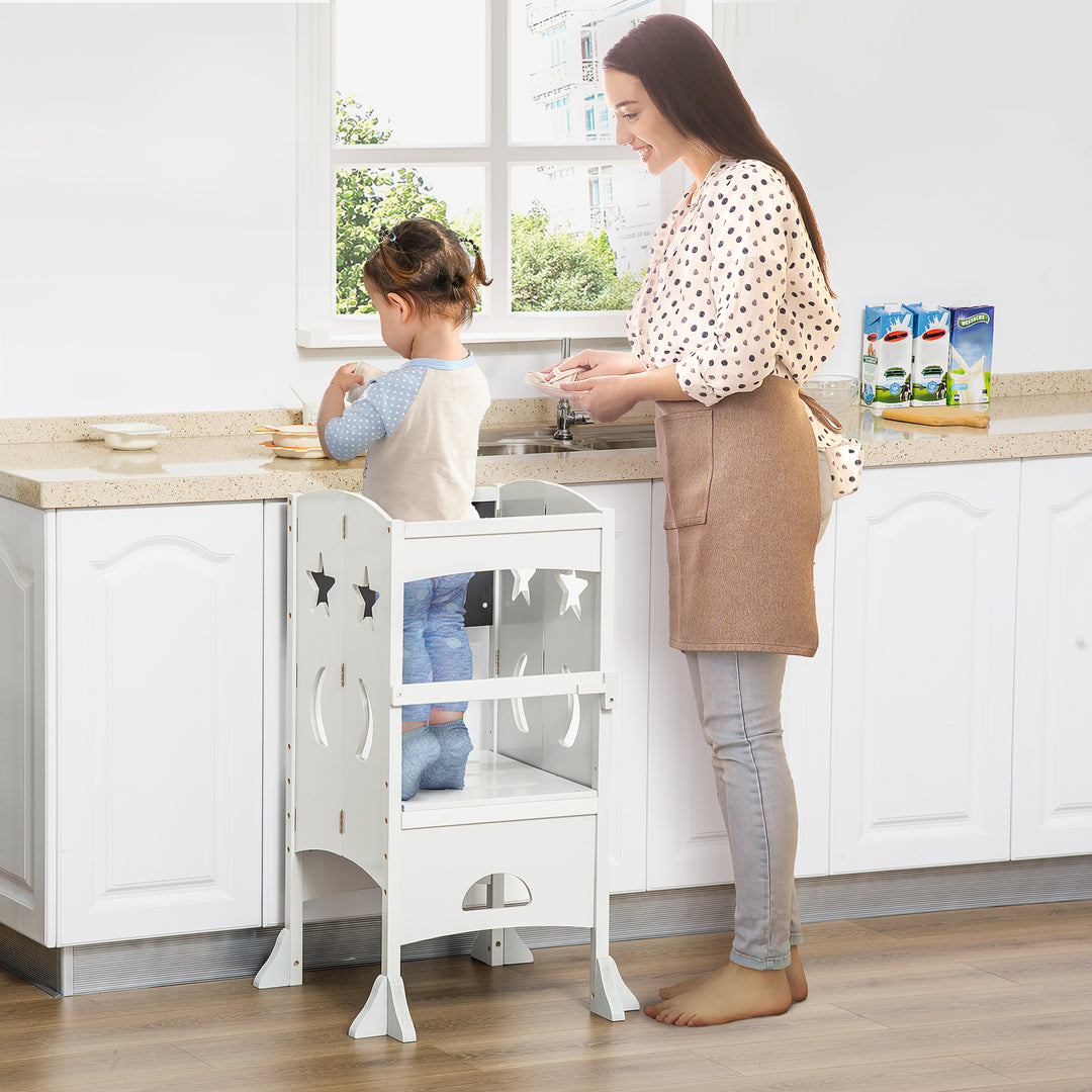 Kids Step Stool Toddler Kitchen Stool with Blackboard Lockable Handrail for Kids Kitchen Counter White