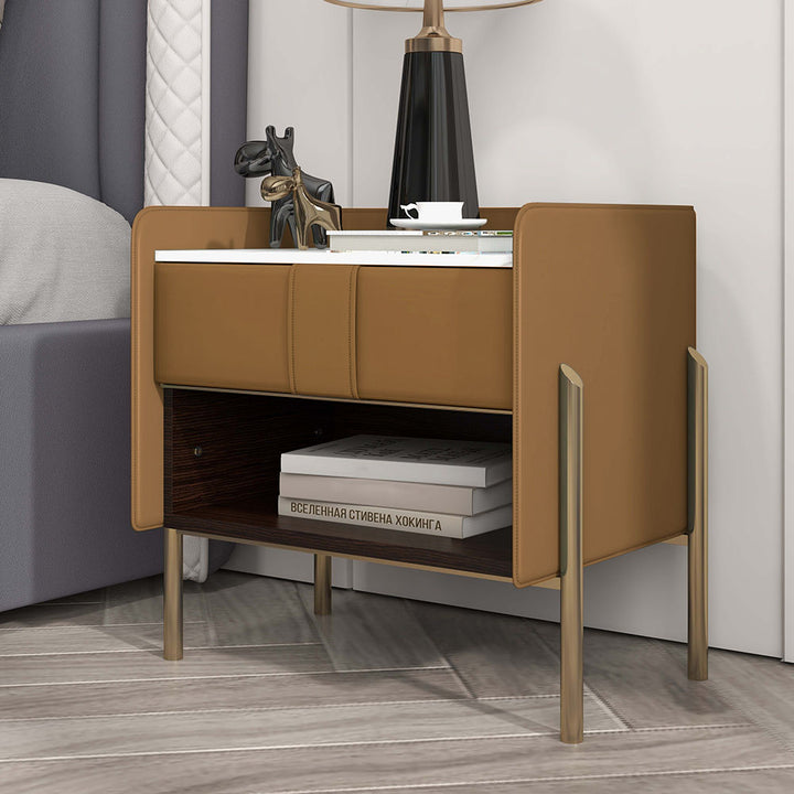 Modern Orange Nightstand Sintered Stone Top Bedside Table with Charger & Light