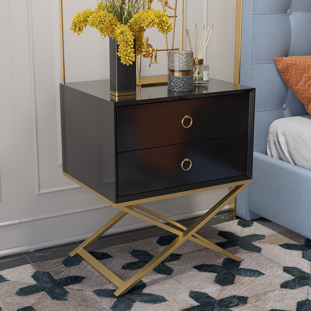 500mm Modern Black Bedside Table with 2 Drawers X-Shaped Pedestal