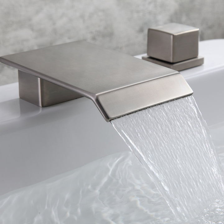 Moda Brushed Nickel Waterfall 3 Holes Bathroom Basin Tap Square Dual Handle