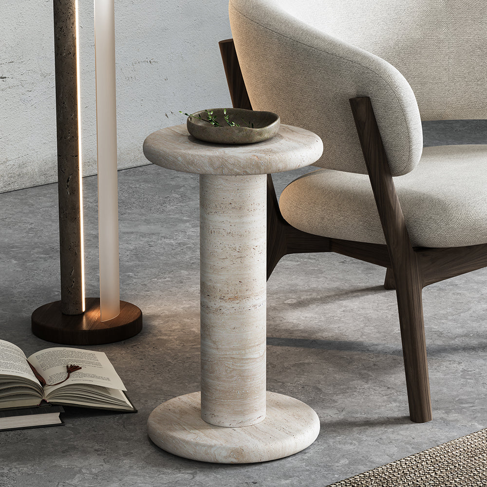 Beige Round Travertine Side Table 320mm Modern End Table