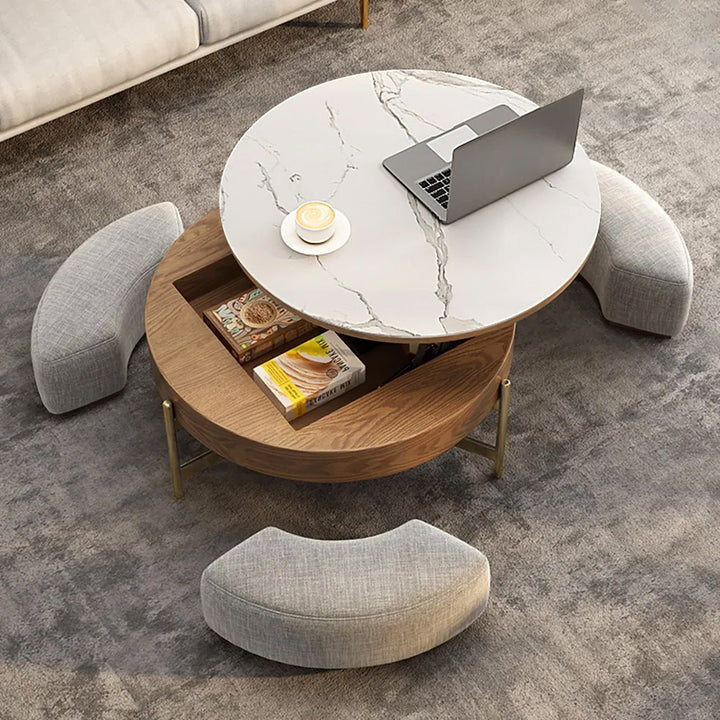 Round Lift-Top White & Walnut Coffee Table with Storage White & Walnut