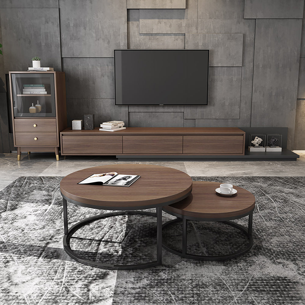 Fero 2 Pieces Modern Walnut & Black Round Nesting Coffee Table for Living Room