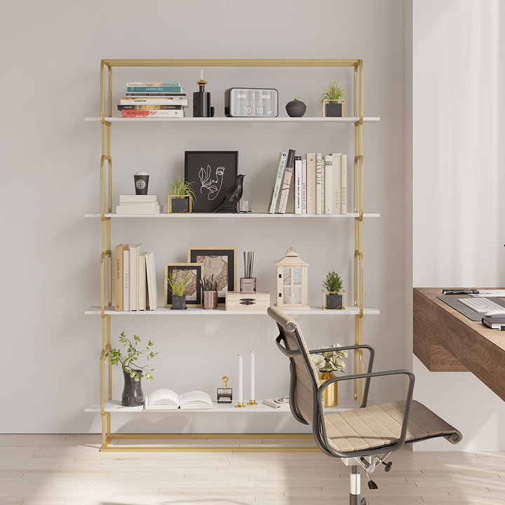 1800mm Modern White Tall Freestanding Wooden Office 4 Shelves Etagere Bookcase in Gold