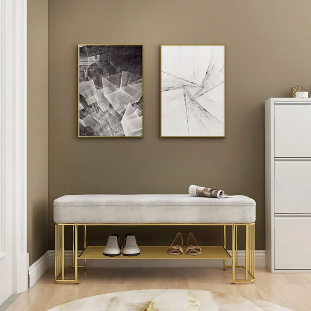 Modern Grey Hallway Bench with Shoe Storage Velvet Upholstered with Gold Frame and Shelf