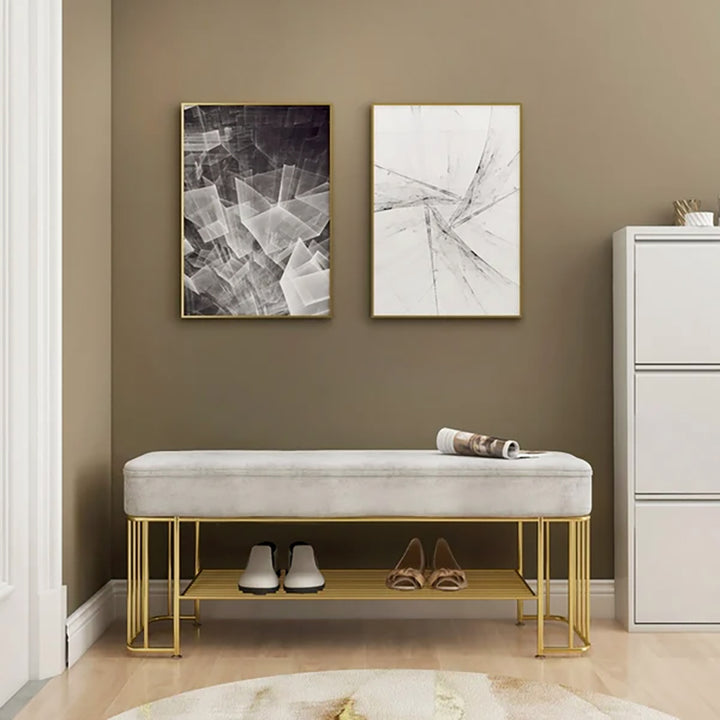 Modern Grey Hallway Bench with Shoe Storage Velvet Upholstered with Gold Frame and Shelf