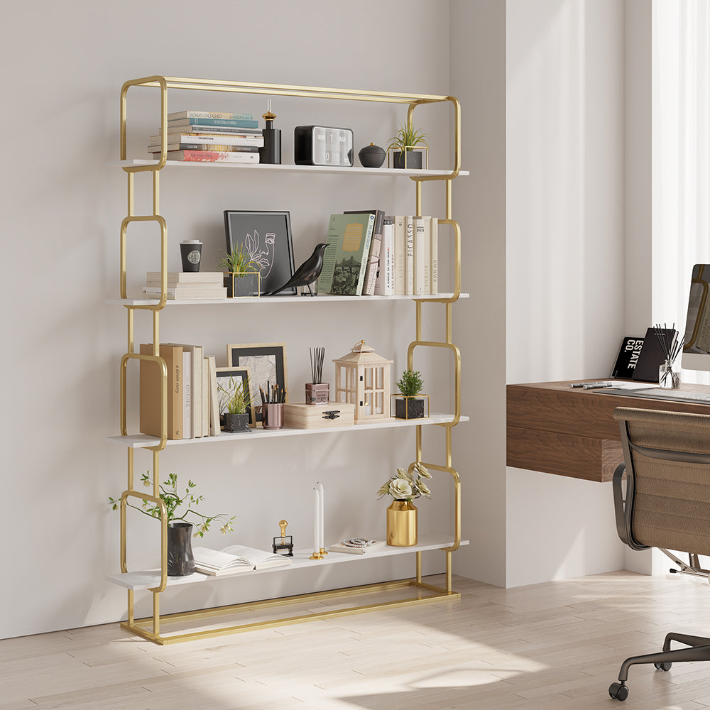 1800mm Modern White Tall Freestanding Wooden Office 4 Shelves Etagere Bookcase in Gold