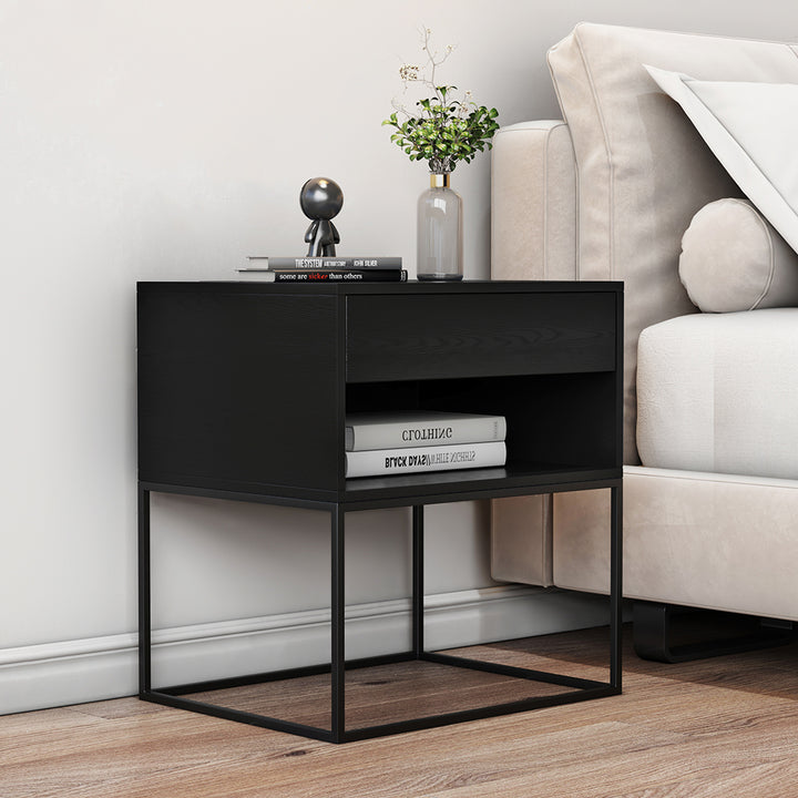 Black Modern BedsideTable with Drawer and Black Metal Base