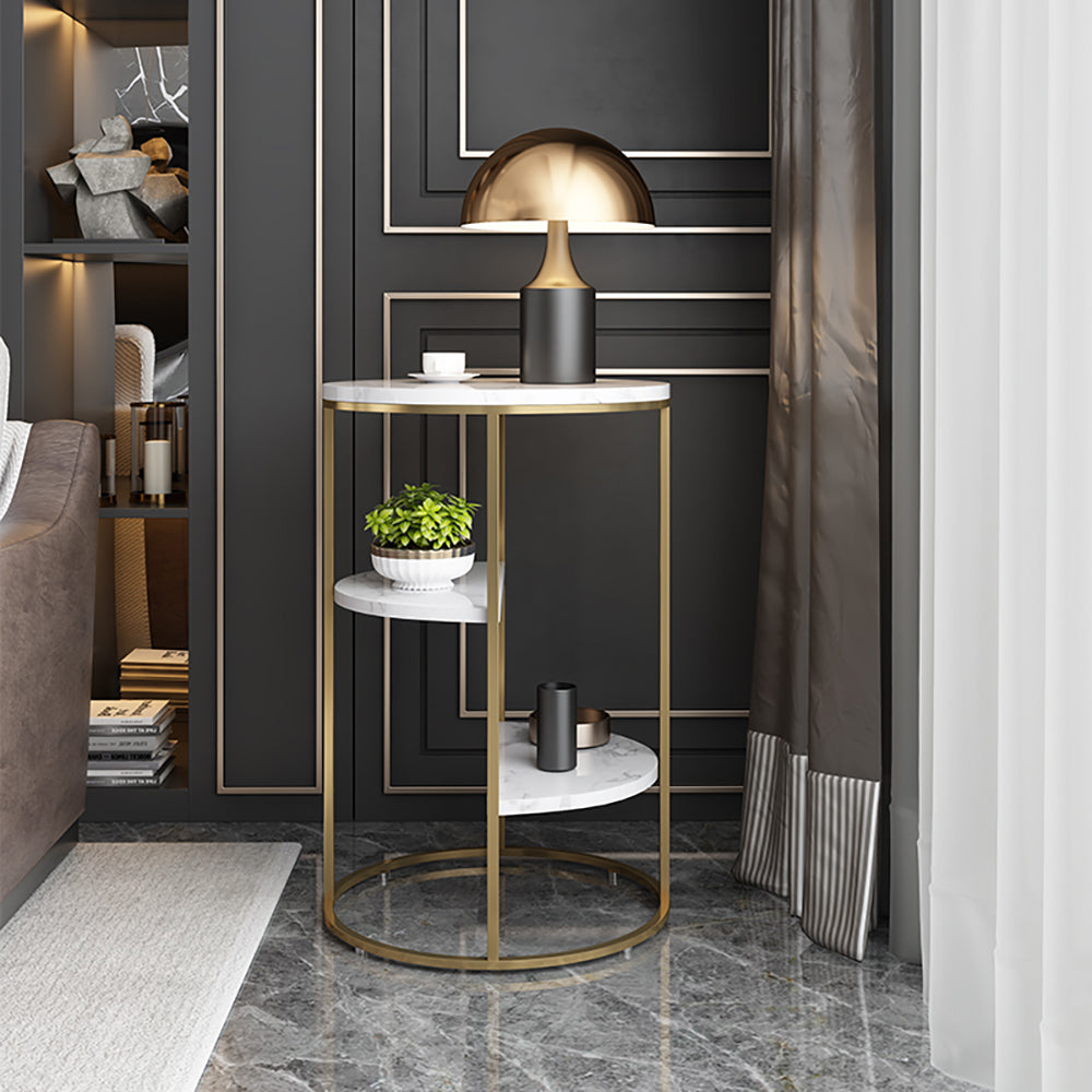 3-Tiered White & Gold End Table with Shelf Sintered Stone Top & Metal Frame Side Table