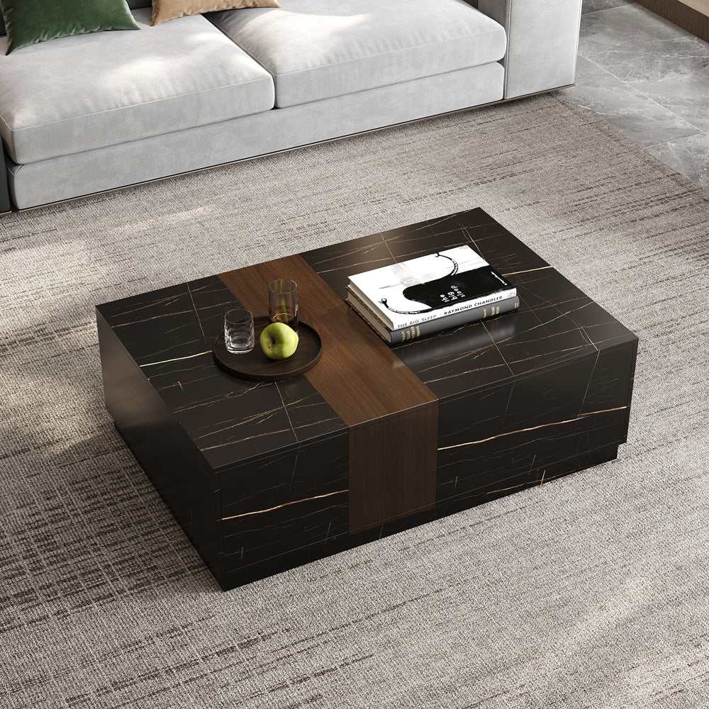 47.2" Vewal Wood Block Coffee Table Marble & Walnut Veneer in Black with 2 Drawers