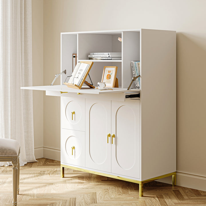 1000mm Modern White & Gold Secretary Desk with 3 Drawers and 3 Doors Flip Design