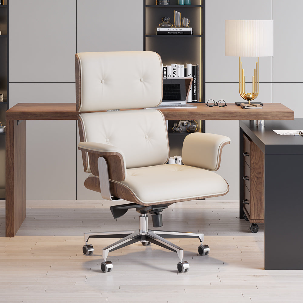 1800mm Modern Wooden White Home Office Desk & Off White Home Office Chair Set High Back