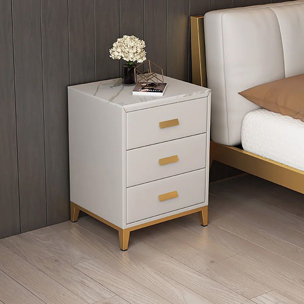 Italian White Sintered Stone-Top Nightstand with 3 Drawers & Stainless Steel Legs in Gold Finish