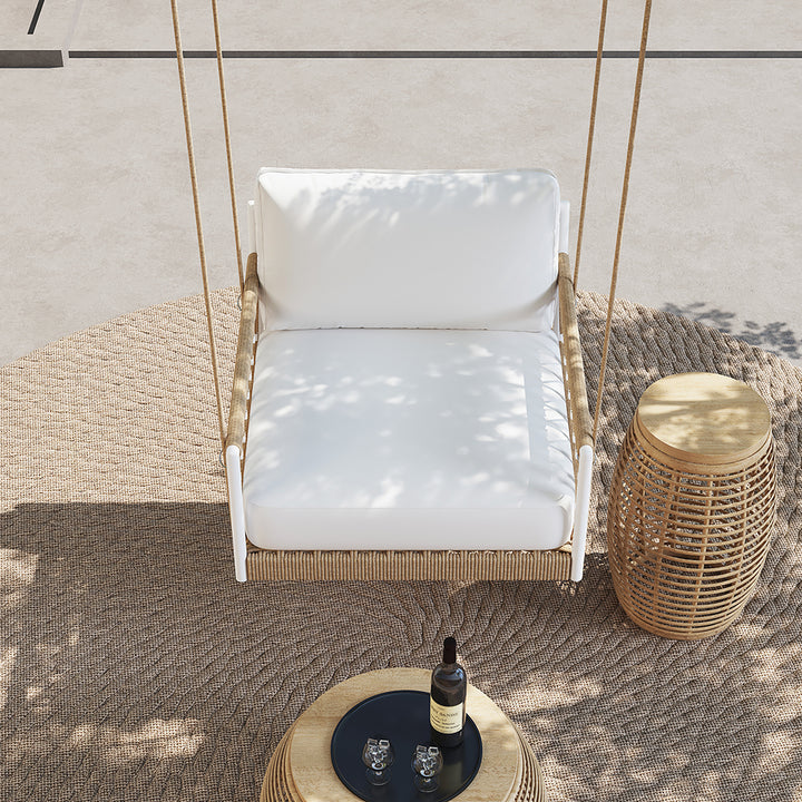 Ropipe Boho Khaki Hand Woven Rope Outdoor Patio 2-Seater Swing Sofa Arm Chair with White Cushion 529Lb. Weight Capacity