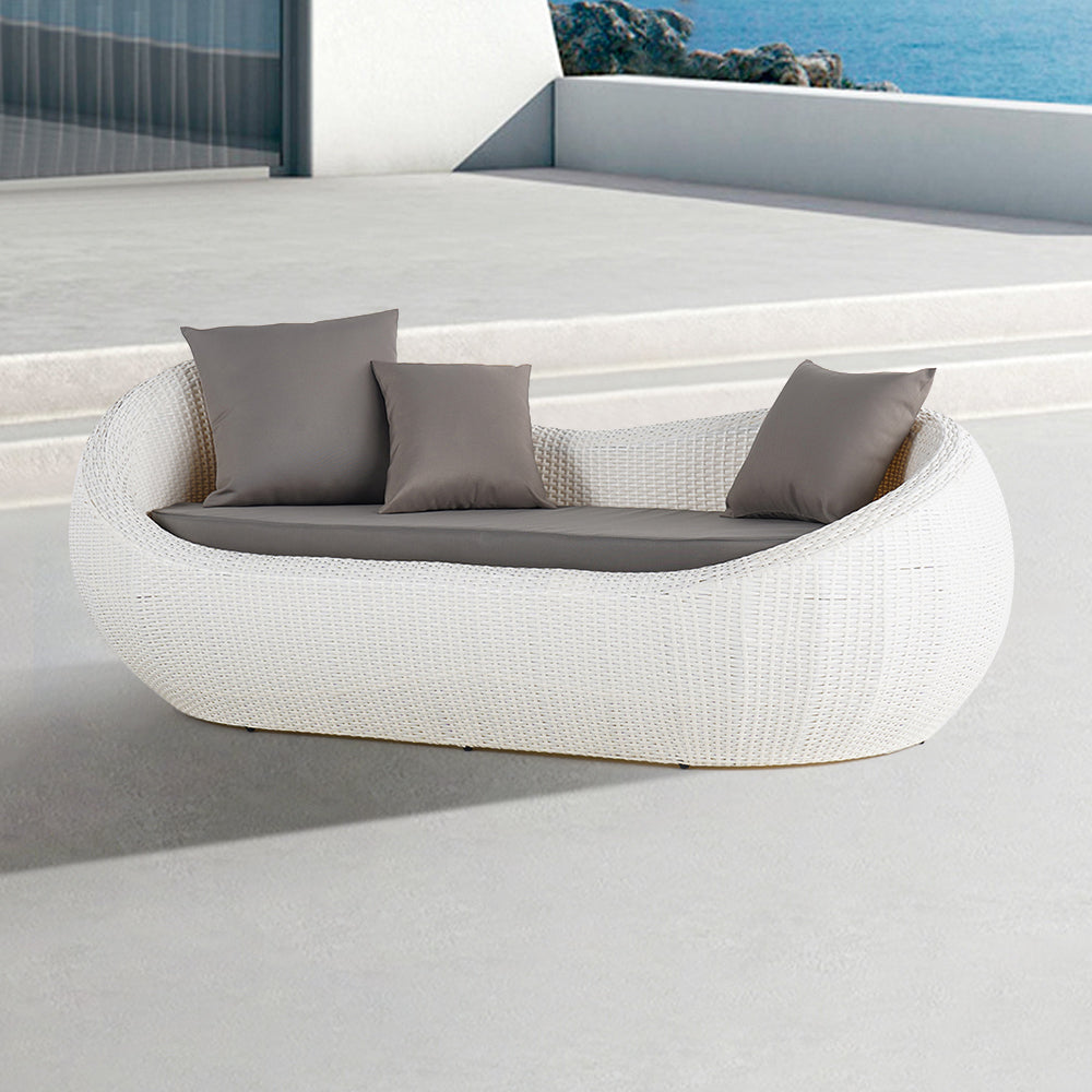 White Woven Rattan Round 1910mm Outdoor Sofa with Cushion & Pillow and Curved Back