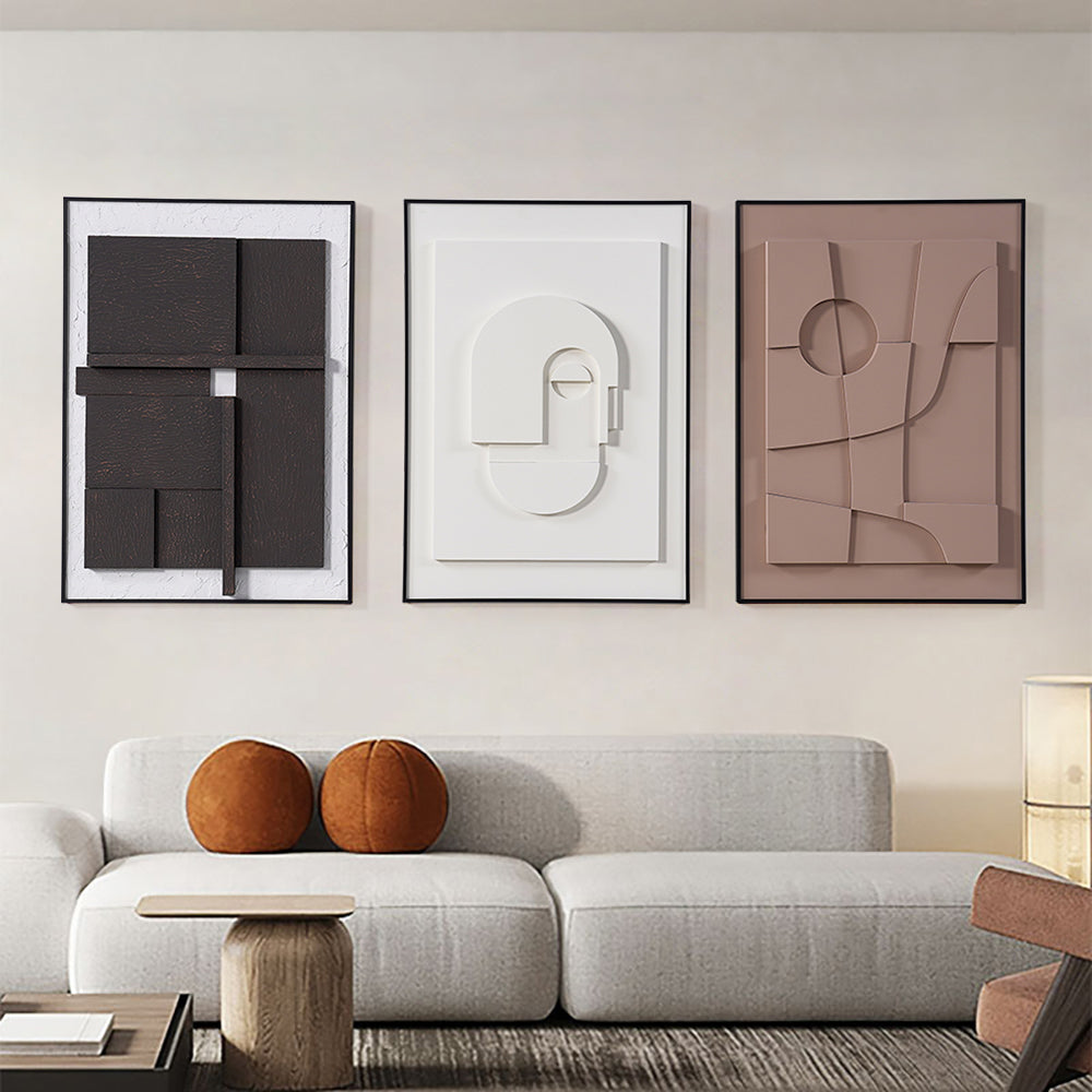 3 Pieces Japandi 3D Wall Art Painting Hanging Wall Decor Set with Black Rectangle Frame