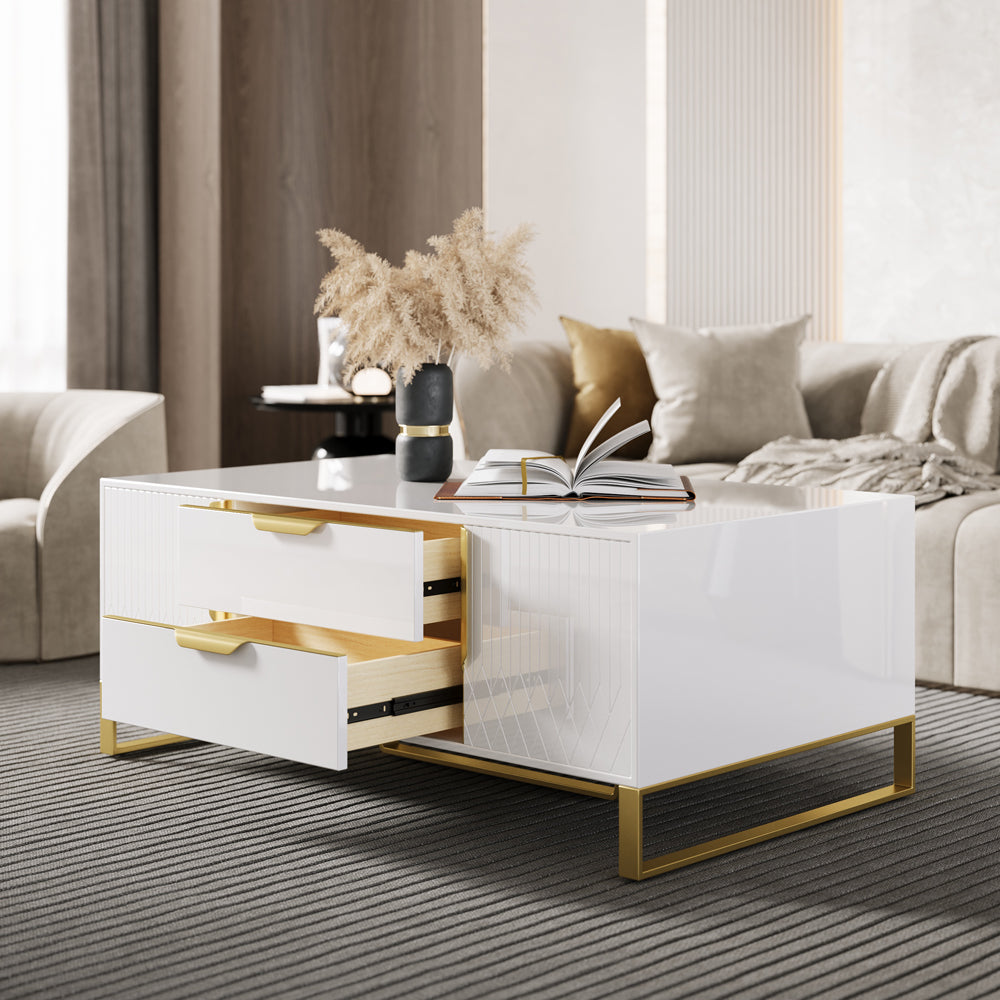 Aro Modern White Rectangular Coffee Table with Storage of Drawers & Doors in Gold