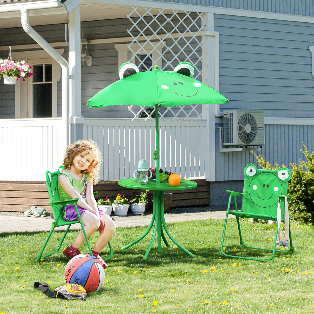 Kids Folding Picnic Table and Chair Set Frog Pattern with Removable & Height Adjustable Sun Umbrella