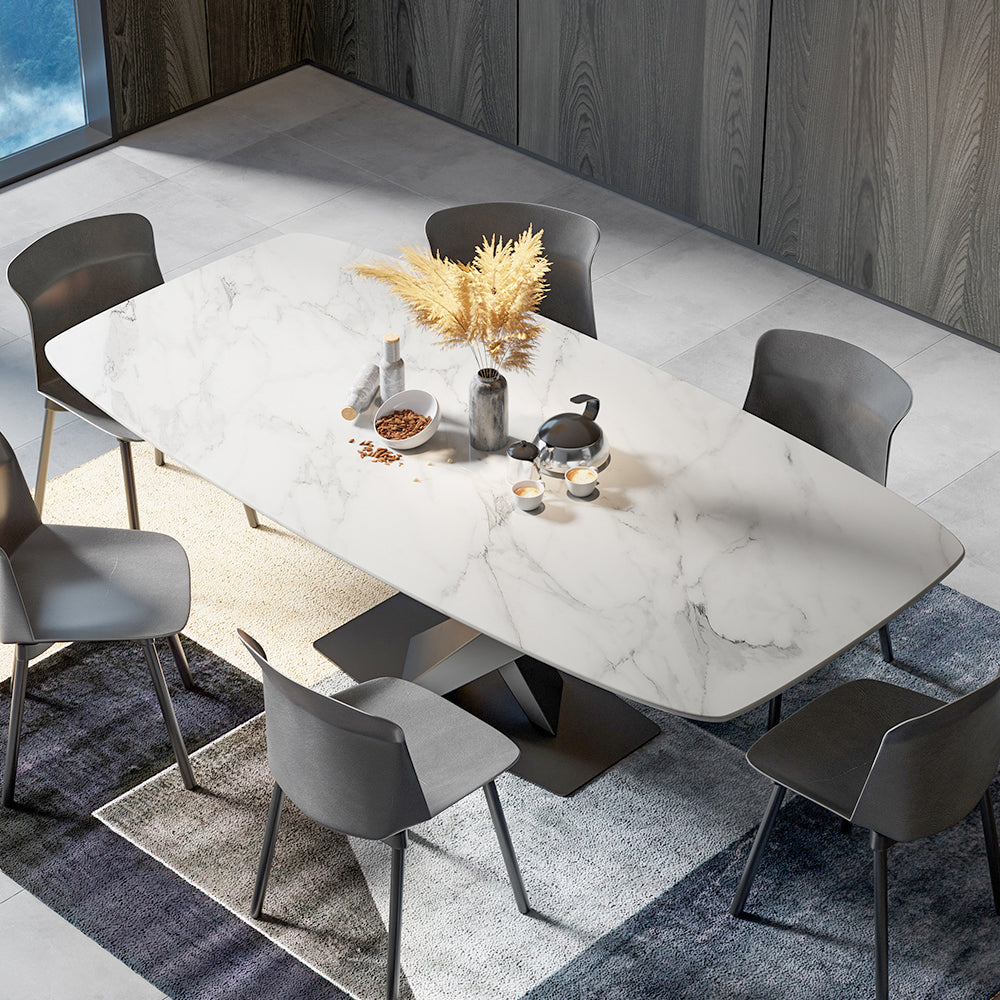 Rectangular Dining Table Sintered Stone with Metal X-Base for 8 Person Modern White