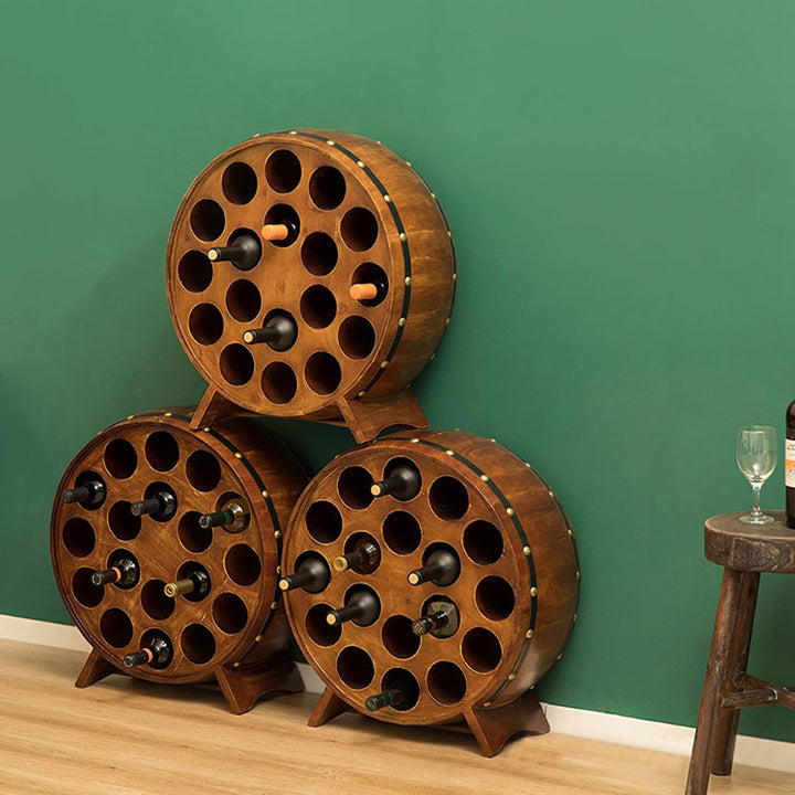 18 Bottles Vintage Wood Barrel Wine Rack Round Shaped Stackable Floor Wine Rack