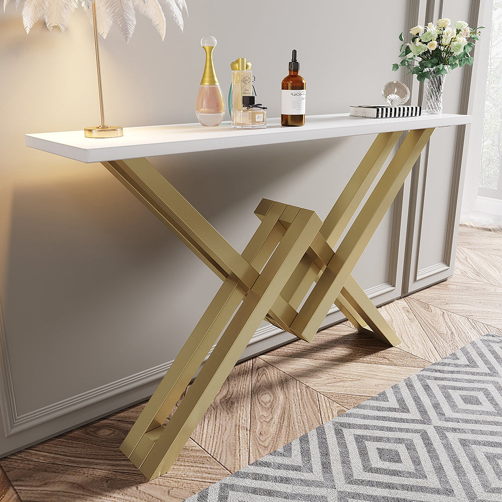 White & Gold Narrow Console Table Accent Table For Hallway X Base & Metal in Small