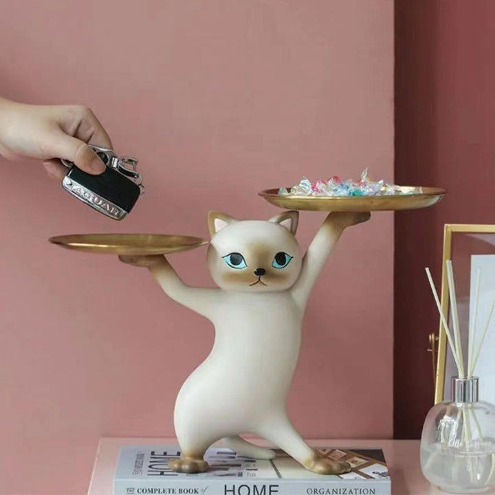 Modern Cat Resin Figurine with Gold Desk Storage Tray