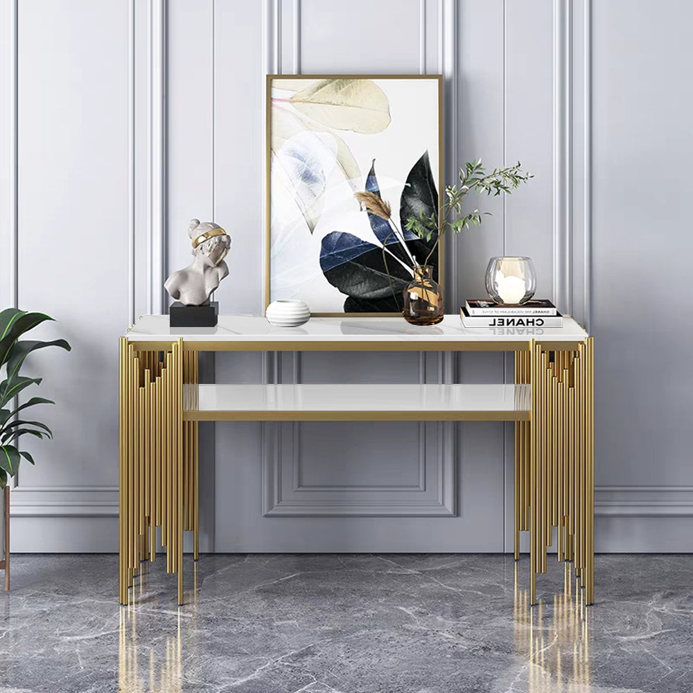 1200mm Modern White Faux Marble Narrow Console Table with Storage Shelf and 4 Gold Legs