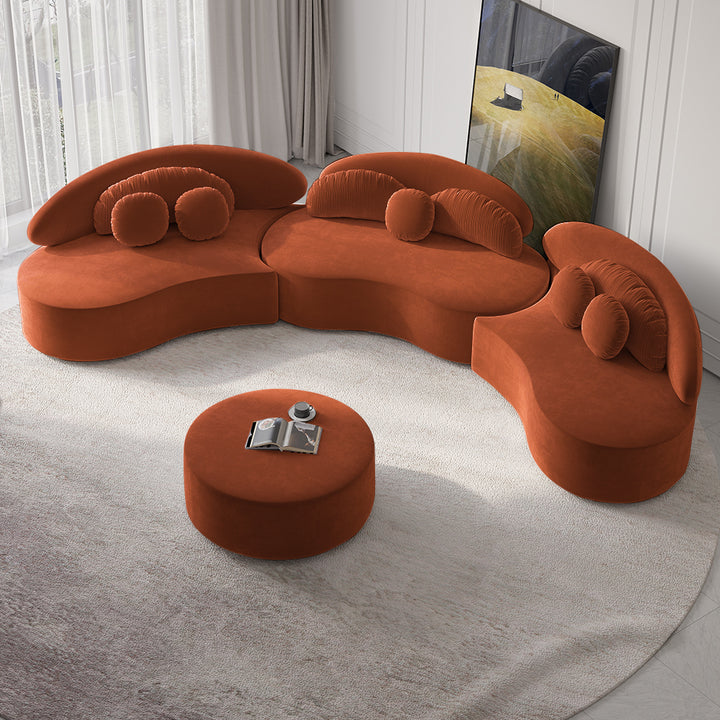 Homary Modern 7-Seat Sofa Curved Sectional Modular Orange Velvet Upholstered with Ottoman