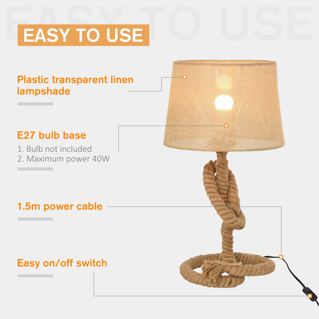 Nautical Style Rope-Base Table Lamp w/ Fabric Lampshade Metal Frame Power Switch Unique Lighting Furnishing Living Room Beige