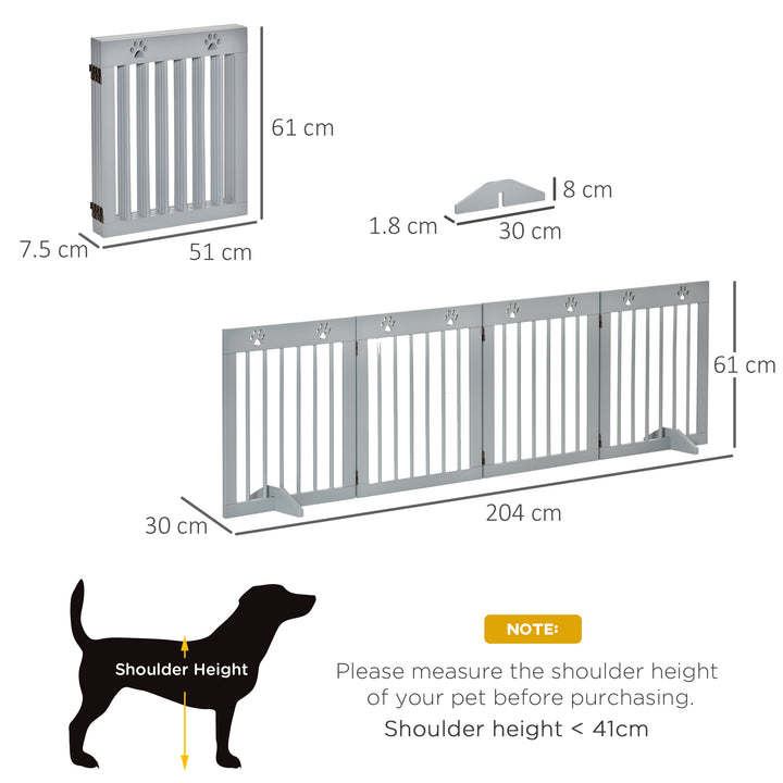 Pet Gate 4 Panel Wooden Dog Barrier Freestanding Folding Safety Fence with Support Feet up to 204cm Long 61cm Tall Light Grey