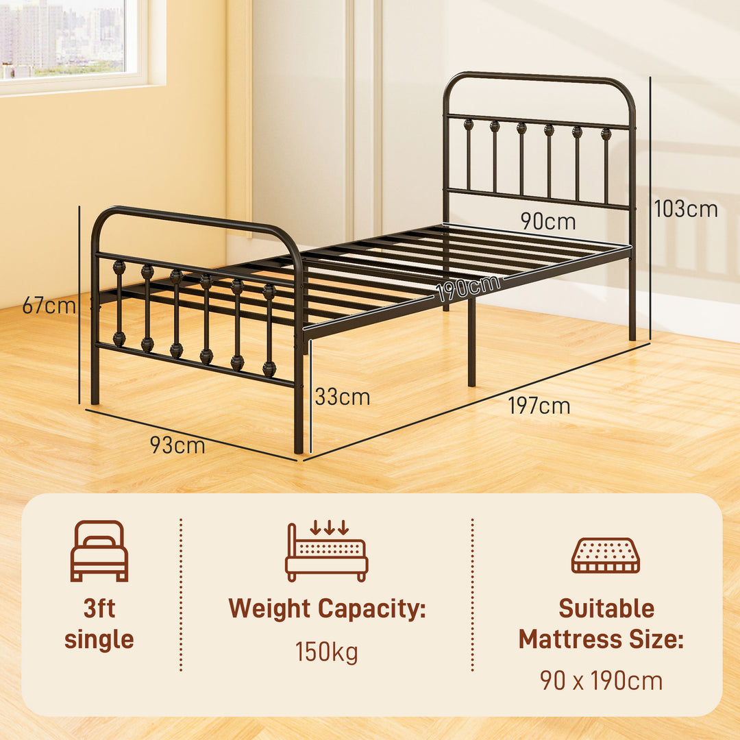 3ft Single Platform Bed Frame with Underbed Storage Tall Headboard Steel Slat No Box Spring Needed Easy Assembly Black