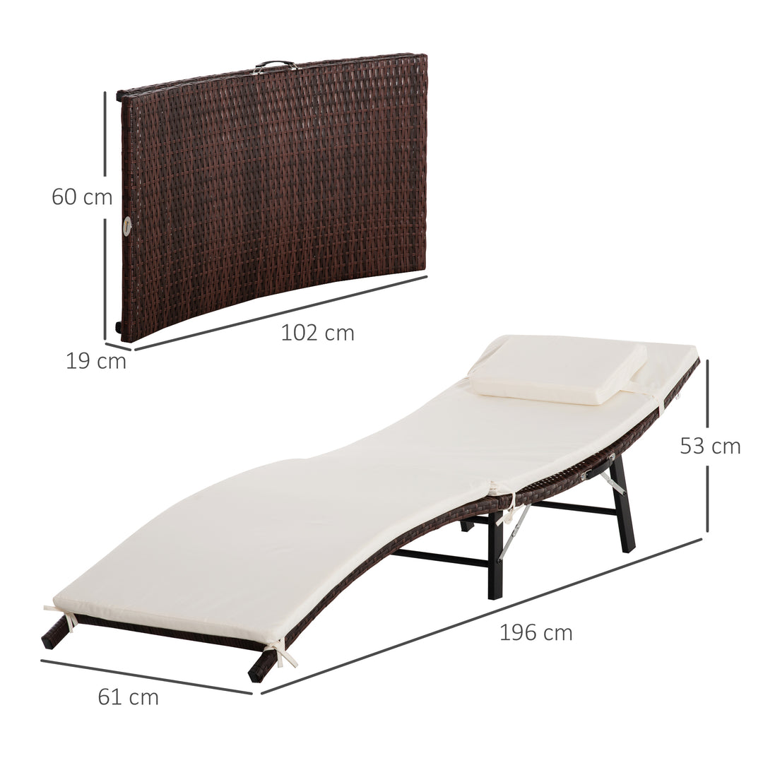 Waterproof Rattan Garden Furniture Folding Sun Lounger Outdoor Chair Wicker Weave Bed with Cushion and Pillow Brown