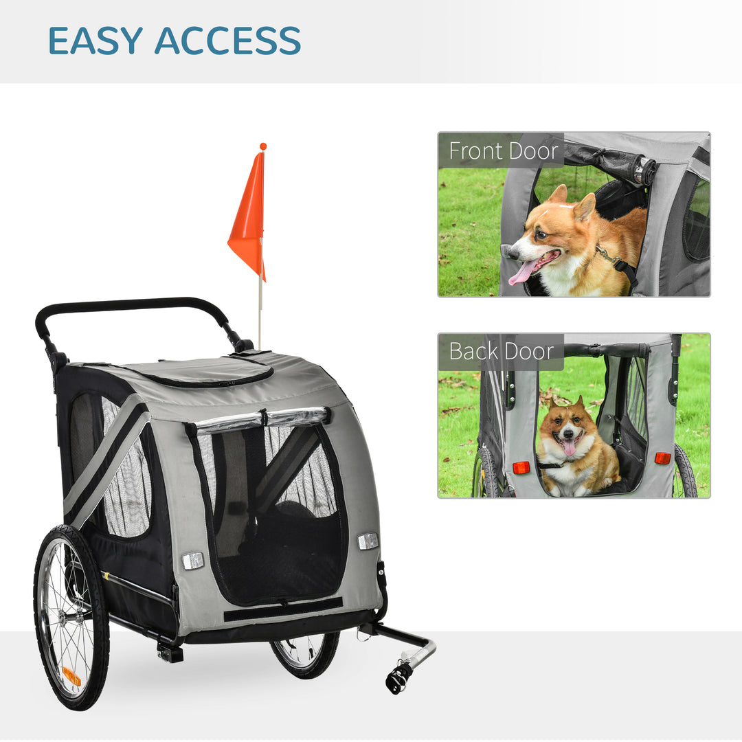 Dog Bike Trailer 2-in-1 Pet Stroller Cart Bicycle Carrier Attachment for Travel in steel frame with Universal Wheel Reflectors Flag Grey