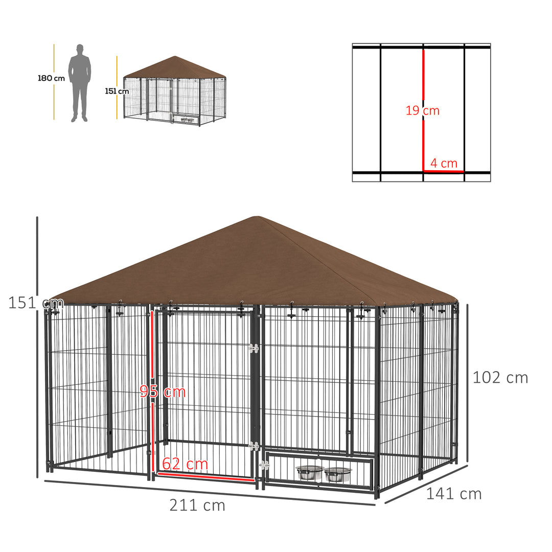 Outdoor Dog Kennel Puppy Play Pen with Canopy Garden Playpen Fence Crate Enclosure Cage Rotating Bowl 211 x 141 x 151 cm