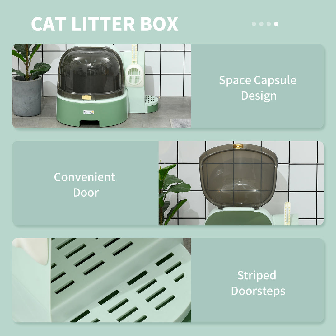 PP Cat Litter Box with Drawer Pans Scoop Openable Cover Green