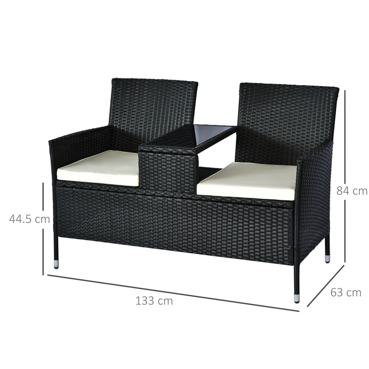 2 Seater Rattan Campanion Chair Wicker Loveseat Outdoor Patio Armchair with Drink Table Garden Furniture - Black