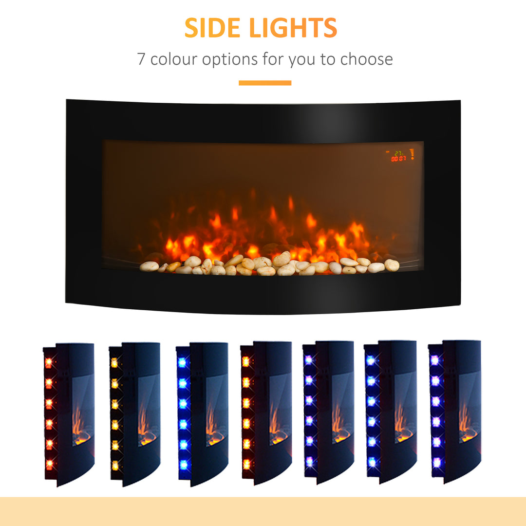 Led Wall Mounted Fireplace Curved Glass Electric Fire Place Fire Place 7 Colour Side Lights Slimline