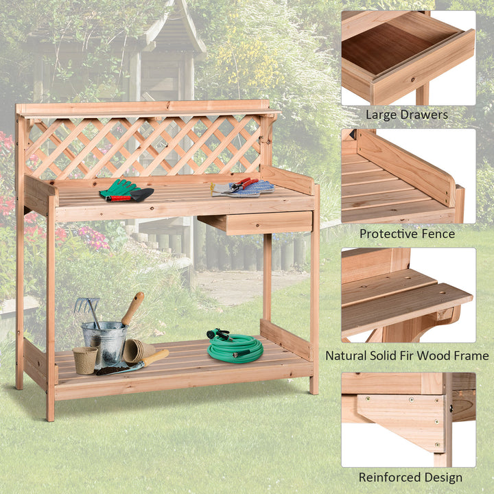 Wooden Garden Potting Table with Drawer Flower Plant Work Bench Workstation Tool Storage Shelves Outdoor Grid