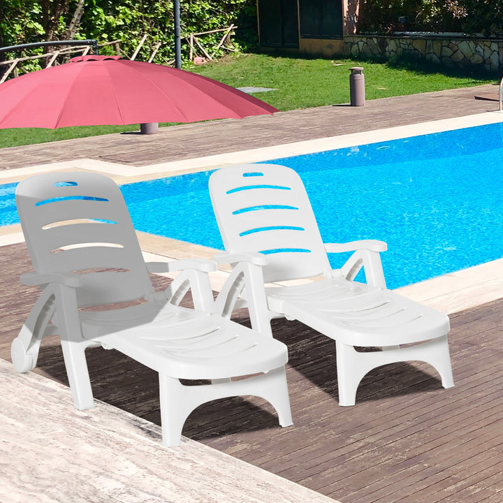 2PCs Outdoor Folding Sun Lounger Recliner on Wheels w/ 5-Position Backrest