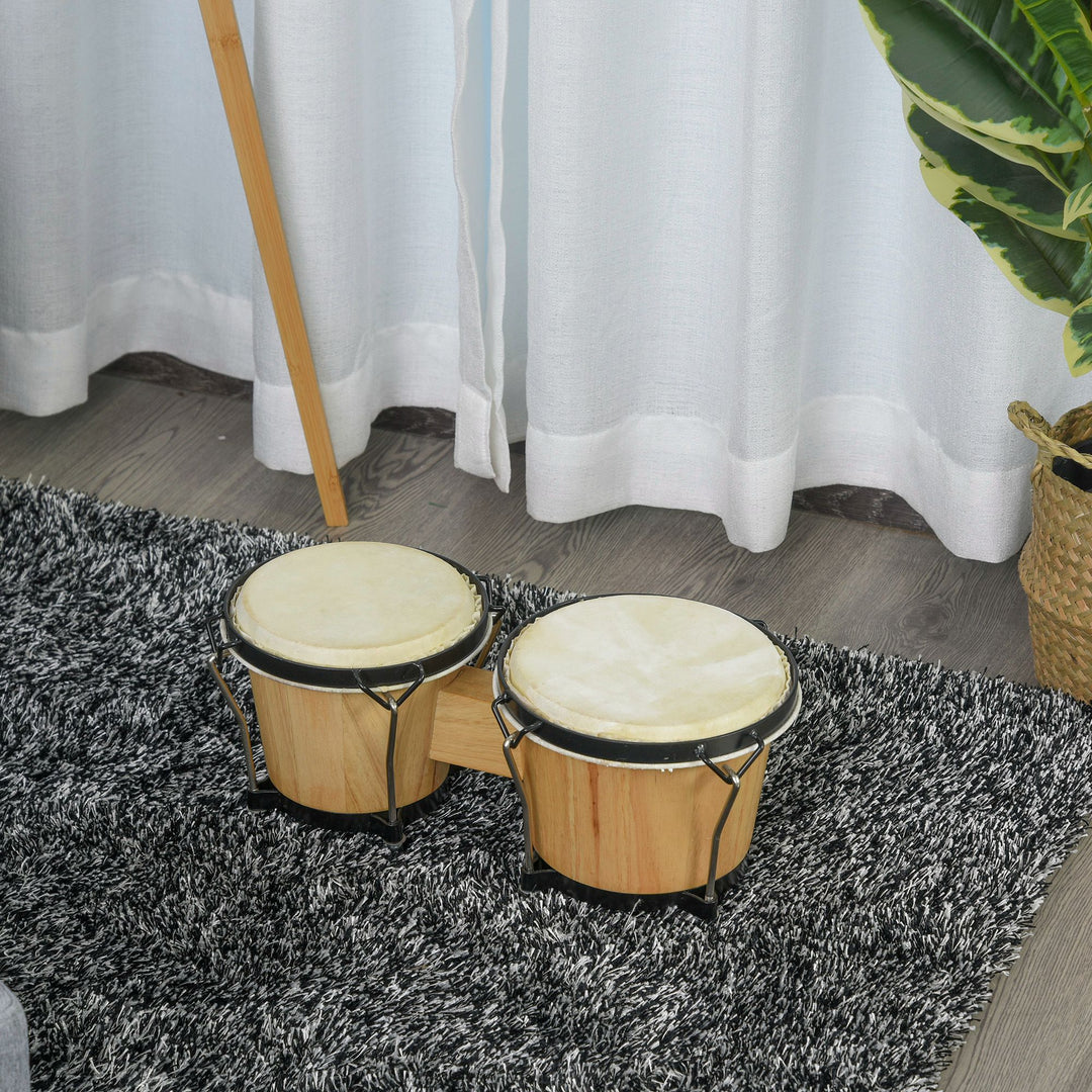 Wooden Bongo Drum Set w/ Sheepskin Drum Head