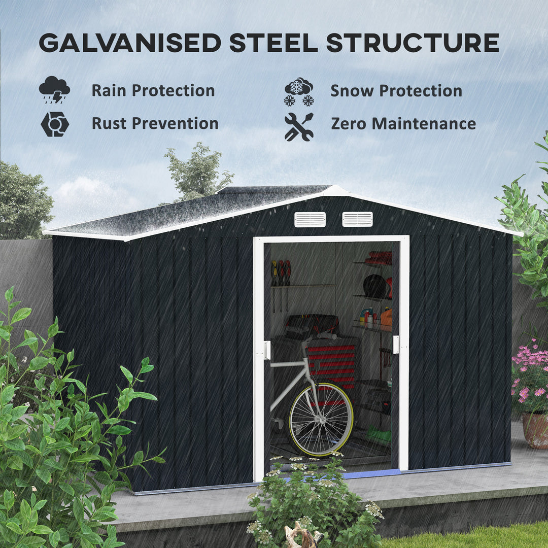 9 x 6FT Outdoor Garden Roofed Metal Storage Shed Tool Box with Foundation Ventilation & Doors