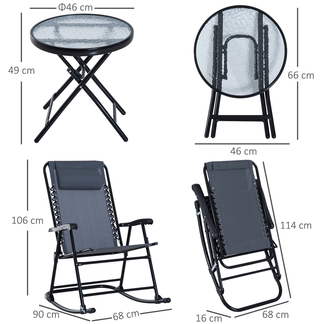 3 Piece Outdoor Rocking Set with 2 Folding Chairs and 1 Tempered Glass Table